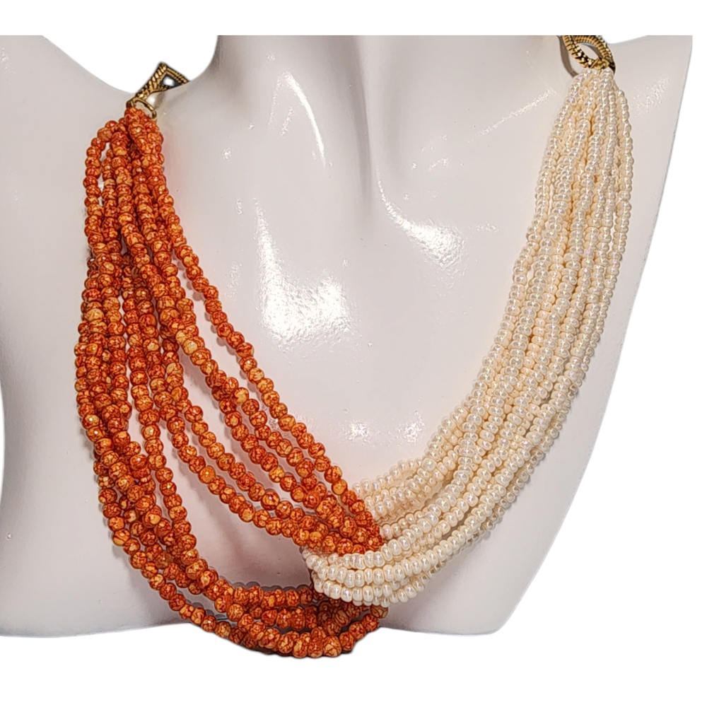 White Orange Pearl Cluster Fancy Style Short Chain Party Wear High Gold Polish