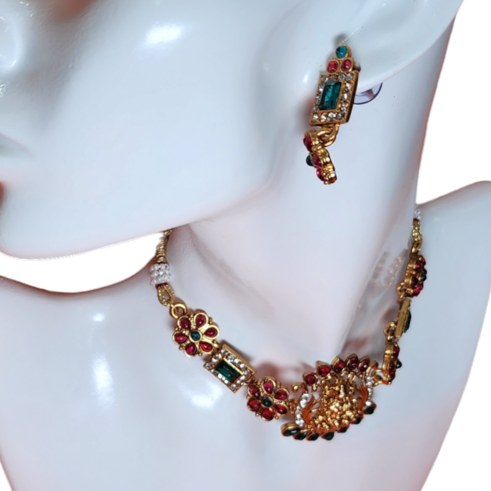 Temple Necklace Set Beautiful Laxmi Pendant Ruby Green High Gold Polish Designer Fancy Style Party wear
