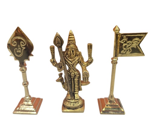 Lord Murugan Statue Set – 3 Pieces (Murugan, Vel & Kodi) | Traditional Idol