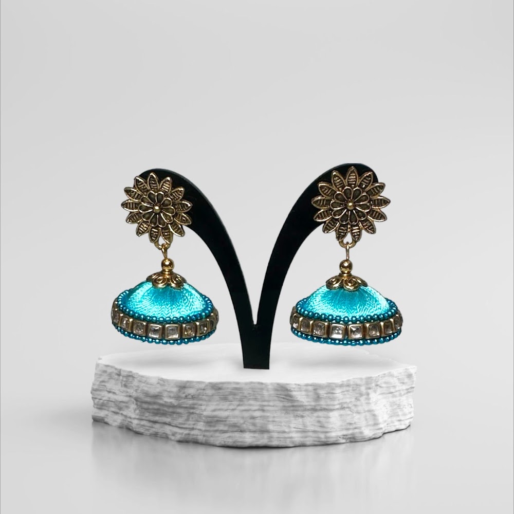 Silk Thread Sky Blue with Stone Work Big Jhumka | Traditional Fashion Jewellery