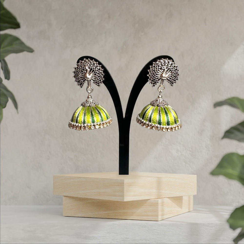 Silk Thread Light Green Peacock with White Stones Jhumka