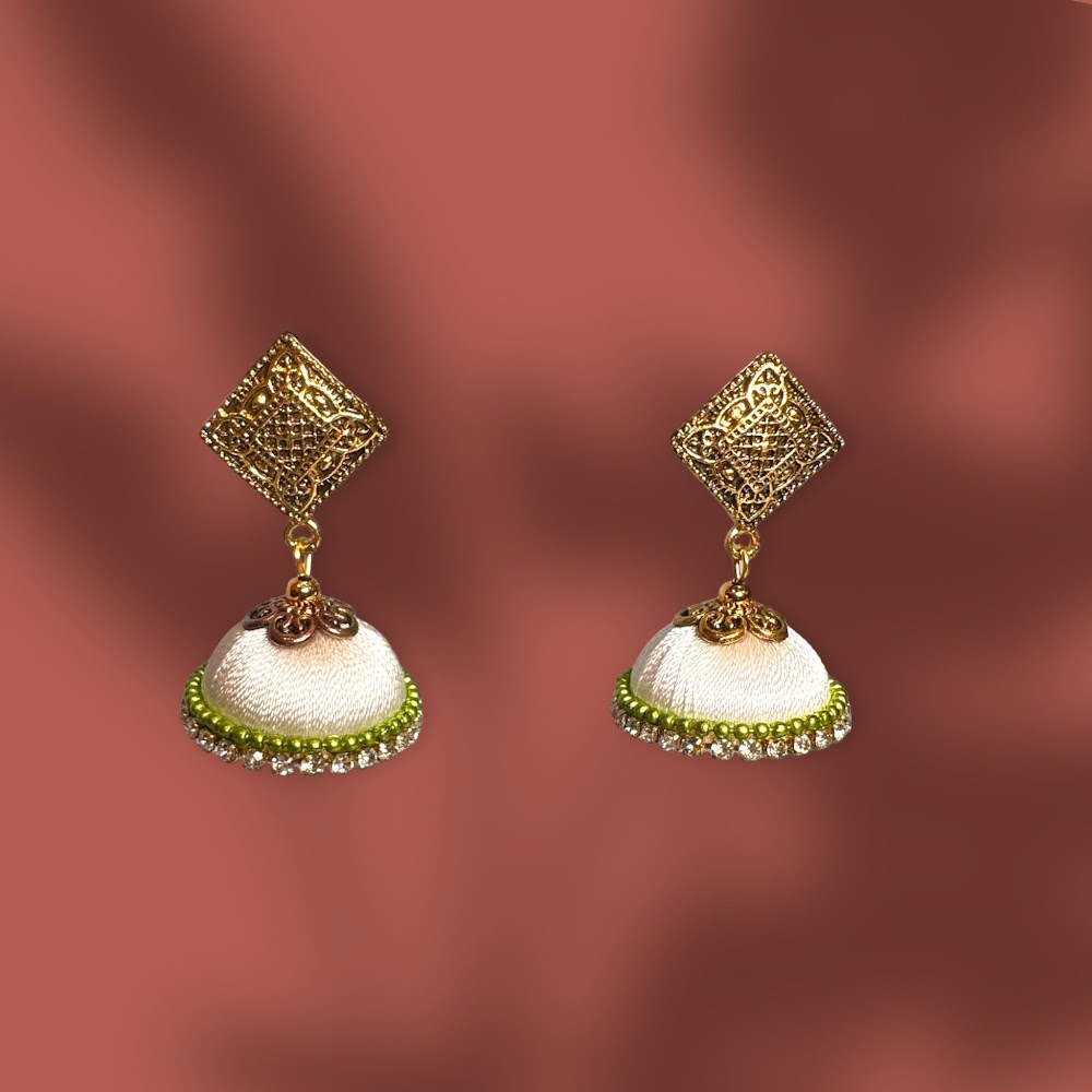 Silk Thread White with Light Green Beads White Stones Jhumka