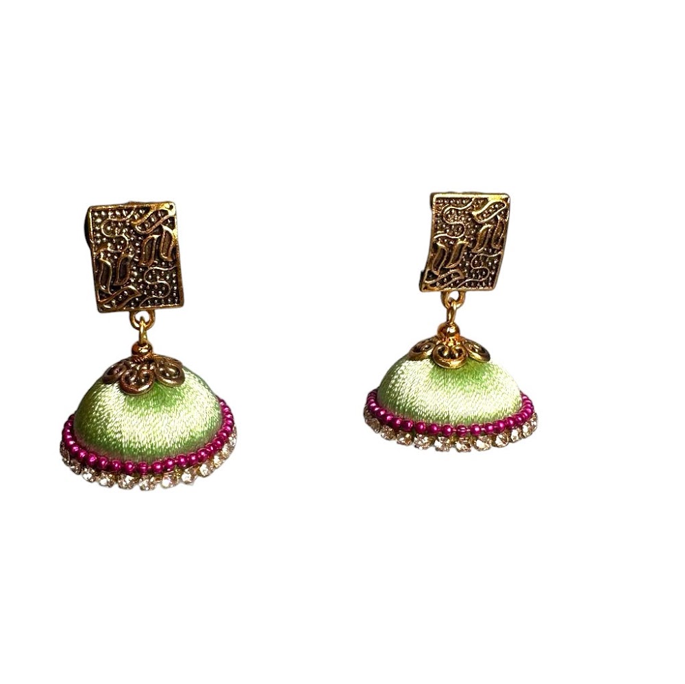 Silk Thread Greenish Cyan with White Stone Jhumka | Traditional Fashion Jewellery