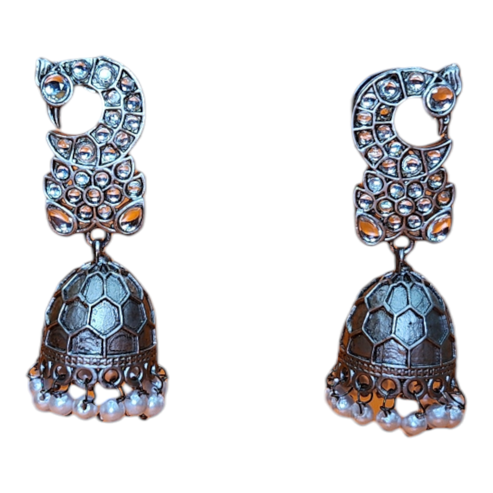 Studs Earrings Peacock Oxidized Silver White Party wear