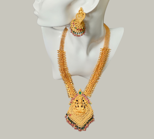 Necklaces Set Designer Style Matte Gold Finish Lakshmi Pendant Earrings Long wear