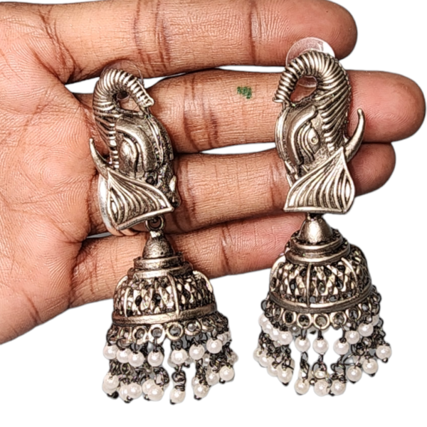 Studs Earrings Elephant Face Pearl Fancy Style Oxidized Silver  Party wear - Image 2