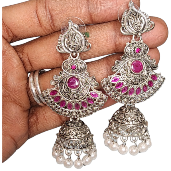 Studs Earrings Ruby Pearl Oxidized Silver Fancy Style Party wear Jhumka