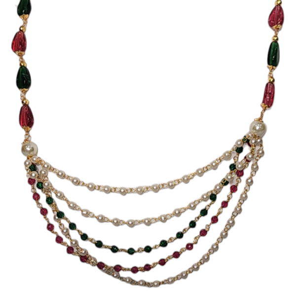 Ruby Green Pearl Cluster Fancy Style Short Chain Party Wear High Gold Polish