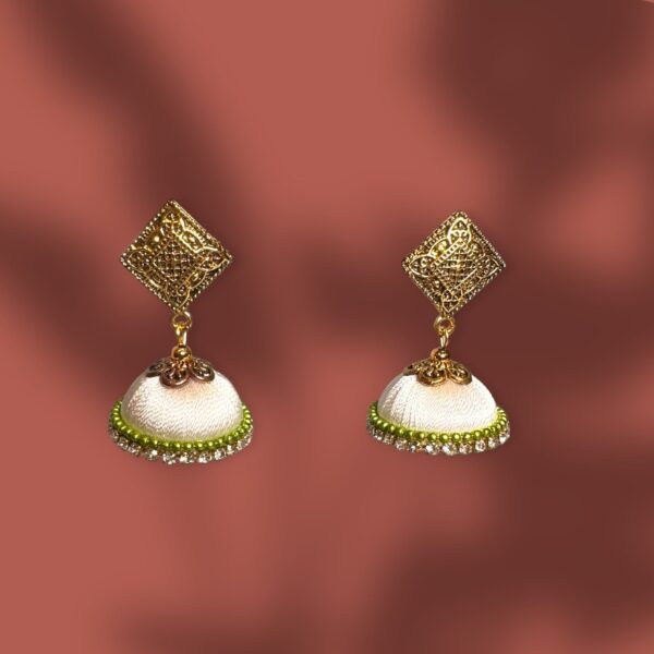 Silk Thread White with Light Green Beads White Stones Jhumka