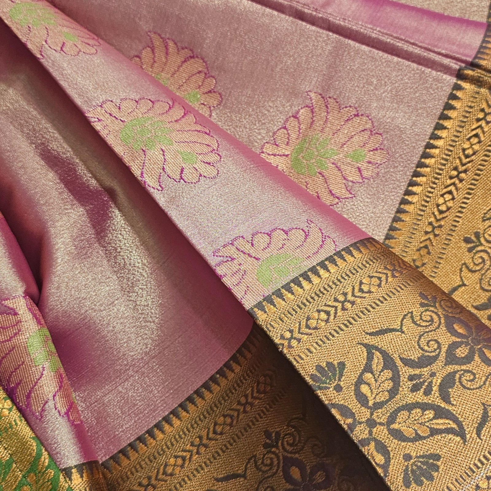 Romantic Pink and Green Tissue Soft Silk Saree - A Delicate Duo - Image 2