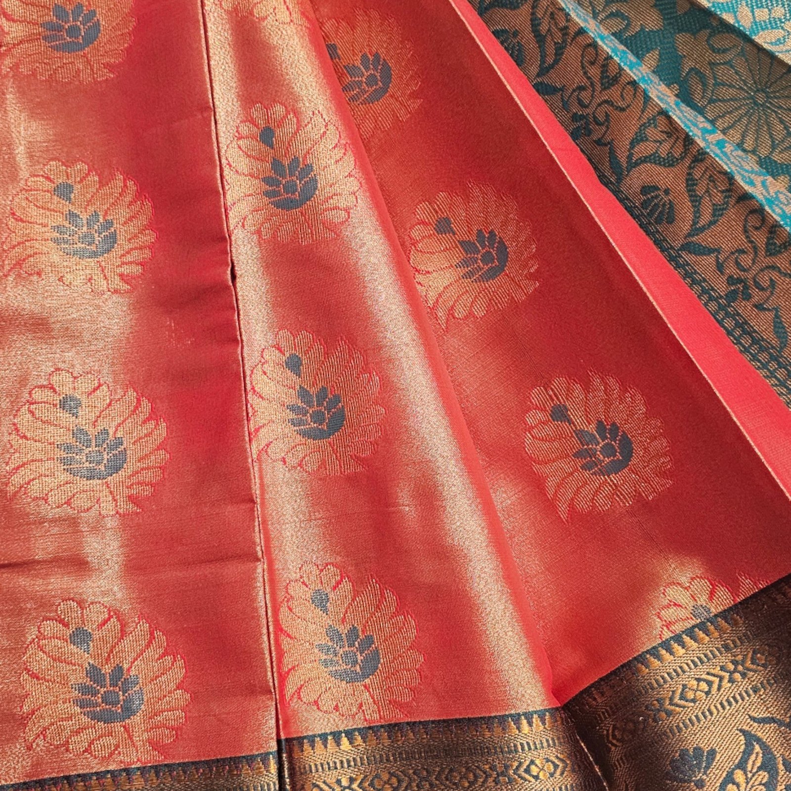 Striking Orange and Blue Tissue Soft Silk Saree - Perfect for Festive Occasions - Image 3