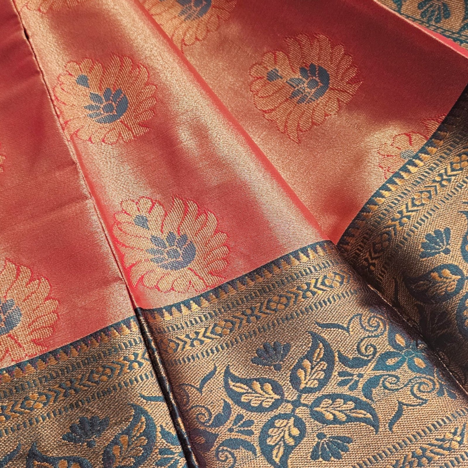 Striking Orange and Blue Tissue Soft Silk Saree - Perfect for Festive Occasions - Image 2