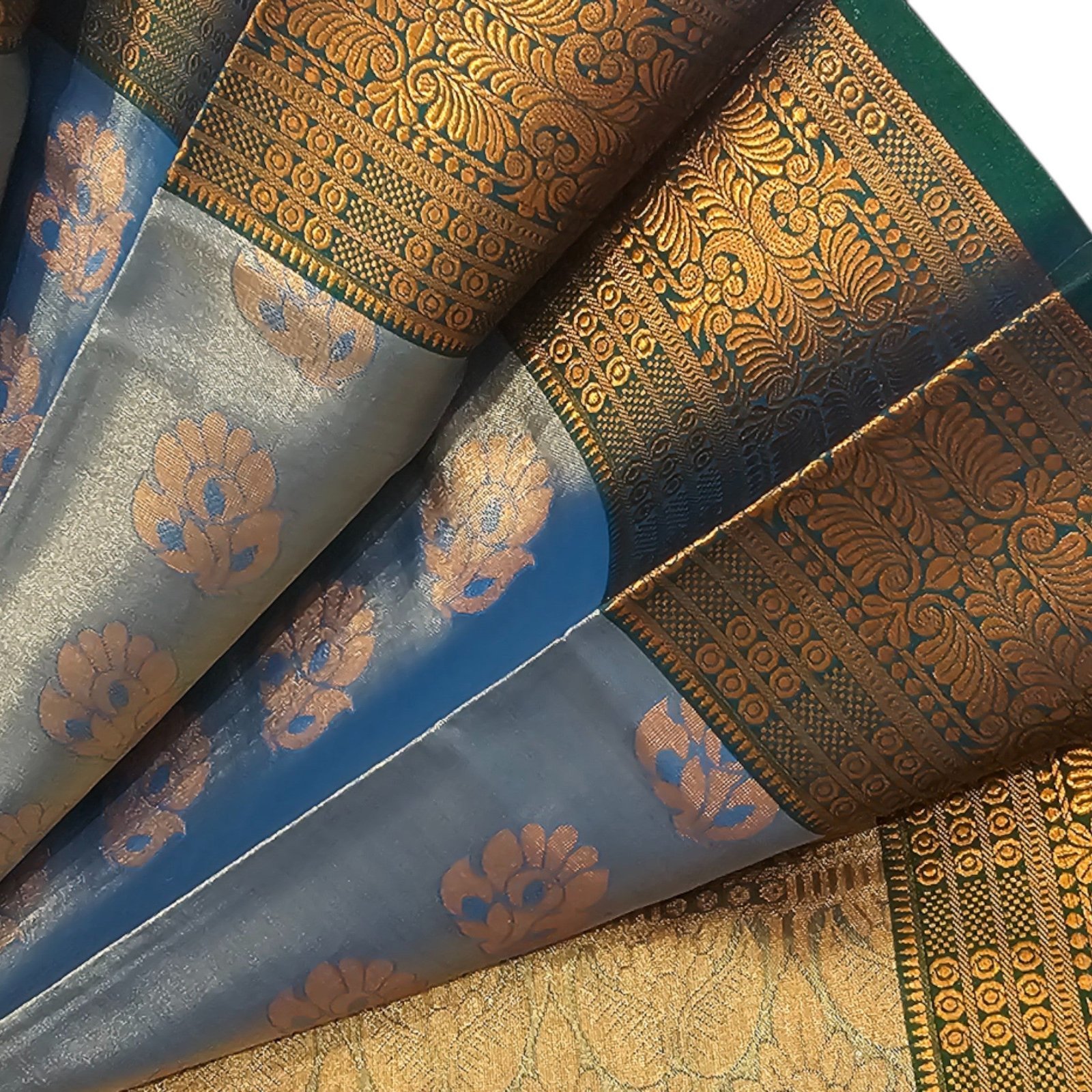 Serene Blue and Green Tissue Soft Silk Saree - A Calming Combination - Image 4