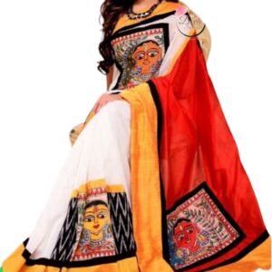 Vibrant Hand painted Chanderi Silk Saree with Ikat Applique - A Festive Delight