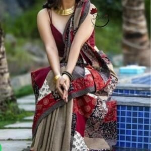 Timeless Khadi Cotton Saree with Ajrakh Patchwork - A Classic Ensemble